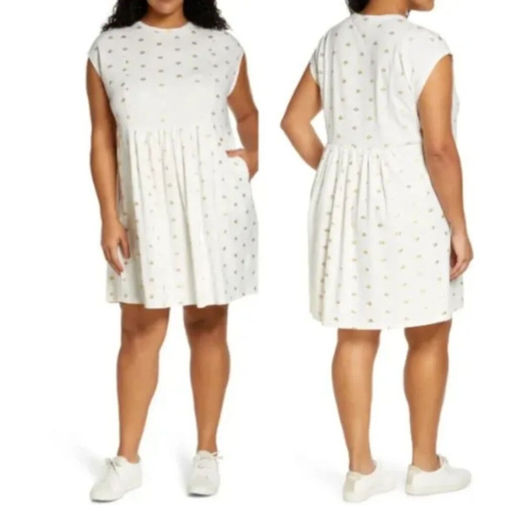 Boden Jersey T-Shirt Summer Dress Ivory and Gold Foil Floral Embroidery Size 12